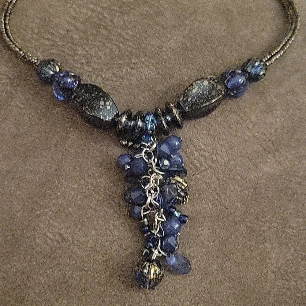 3/$30 VTG Navy Blue Beaded Sautoir Tassel Pendant Lavalier Necklace